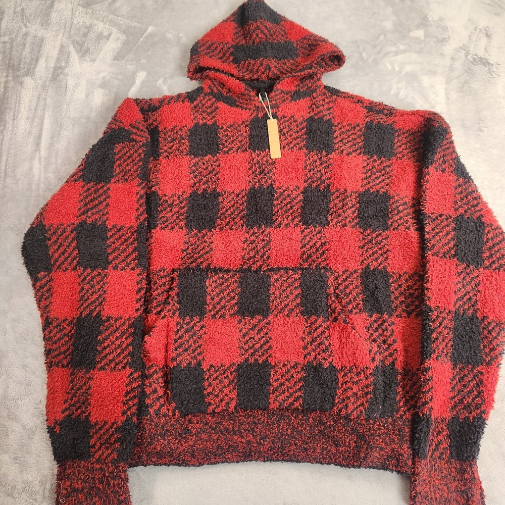 New SKIMS Cozy Knit Buffalo Check Hoodie Brick Red Black Small Medium S M